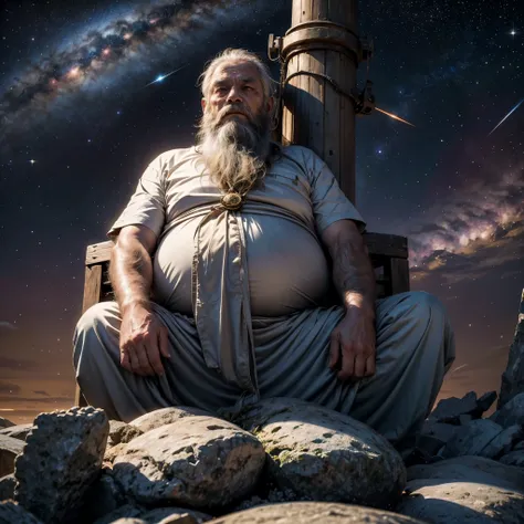 A wise old man, long beard, sitting in a meditation position, looking directly at camera, cosmic scenery exhausting divine energy across the universe