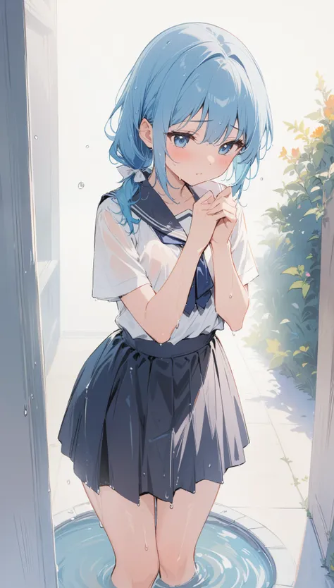 (Be clear about the content) [(masterpiece: 1.1, best quality: 1.1), Shy schoolgirl wearing show off, emphasize, , purely, Slightly 0.8.Blue Hair, wet,