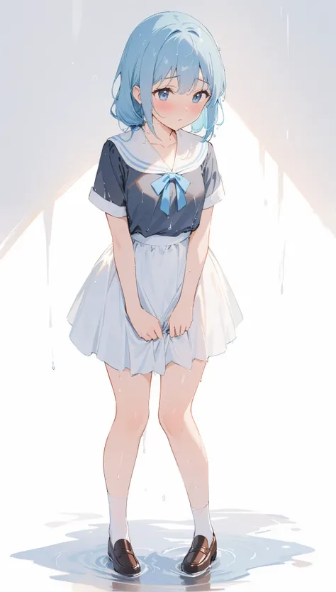(Be clear about the content) [(masterpiece: 1.1, best quality: 1.1), Shy schoolgirl wearing show off, emphasize, , purely, Slightly 0.8.Blue Hair, wet,