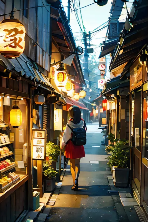 japlane,sign,(shop:1.25),lantern,plant,flag,1girl,