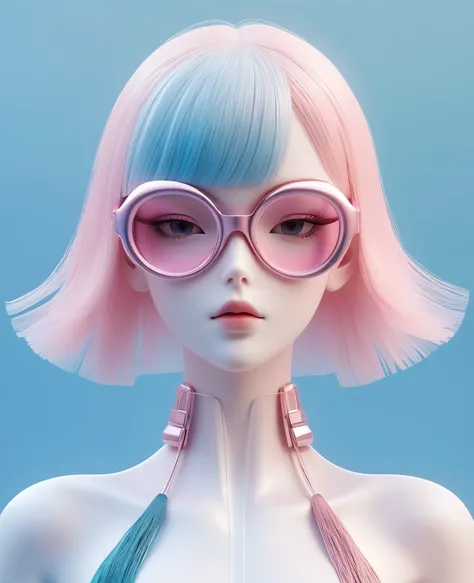 3D illustration of upper body and face of artificial intelligence model wearing futuristic glasses, Stylish glasses with tassels,Gradient background, Pastel color palette, pink blue, Simplicity, cold metallic textures, Surrealism,
