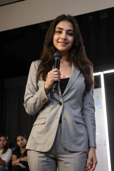 ((best quality)), ((masterpiece)), (detailed), 
A 21 year old beautiful Indian girl with long hair smiling face beautiful eyes attending a seminar speaking something on stage in Mike wearing suit coat pant full pic bun hairstyle standing on stage talking i...