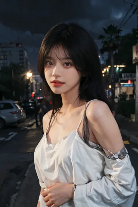 best quality， Ultra-high resolution， （Realistically：1.4），2 girls ，Key Points:1.2, Beautiful woman，Have a perfect body:1.4 ,Looking at the audience， (Street at night:1.3), Highly detailed face and skin texture, Exquisite eyes, Double eyelids，Red lips，Eyesha...