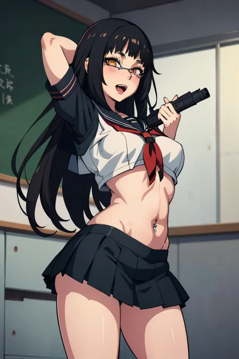 solo, 1girl, valmet, blush, lipstick, long hair, crazy eyes ,masterpiece, best quality, highly detailed, a anime girls in sailor uniforms with a gun posing for a picture,
evil smile, smile, open mouth,black_serafuku, ecchi anime style, anime girls , (nsfw)...