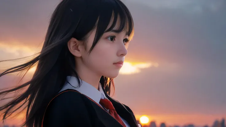 (Close up profile shot of one slender small breasts two side up black medium hair bangs girl with crying face in long sleeves black school uniform:1.5)、(One girl is looking at sunset red sky with her face is reflected sunset light and her hair is blowing i...