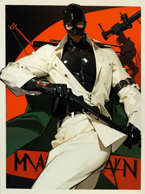 high man in full latex costume, black aviator glasses, holding a rifle, digital art, one piece manga style