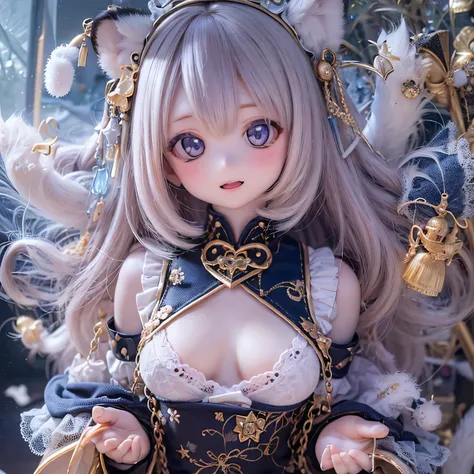 (Highest quality,4K,8K,High resolution,masterpiece:1.2),Very detailed,Realistic,White Tiger Girls Chibi,Beautiful details,Long eyelashes,Detailed lips,A girl in colorful and cute clothes,鮮やかな花を咲かせる背の高いwood々々Play in the Magic Garden,soft, wood々Warm sunshine...