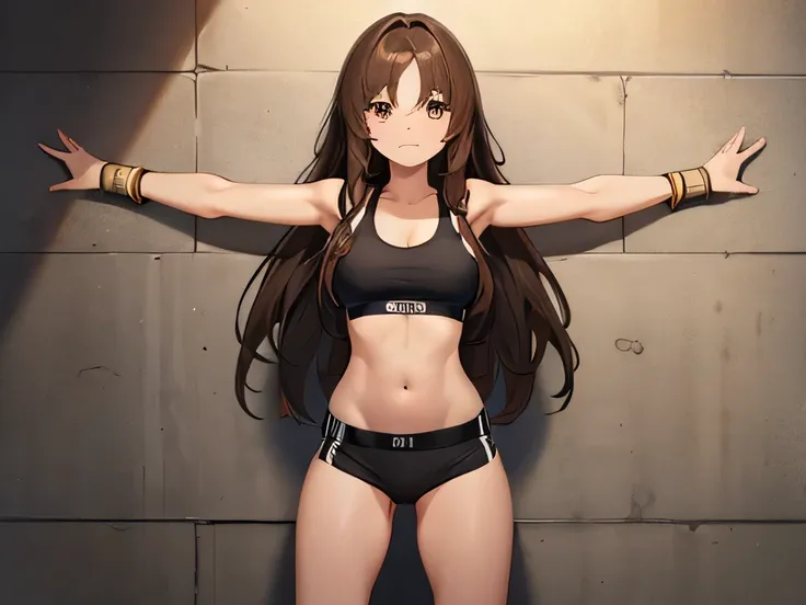 girl with long brown hair and brown eyes in black sports bra with arms chained to a wall ((highest quality)) (((masterpiece)))