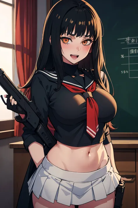 solo, 1girl, valmet, blush, lipstick, long hair, crazy eyes ,masterpiece, best quality, highly detailed, a anime girls in sailor uniforms with a gun posing for a picture,
evil smile, smile, open mouth,black_serafuku, ecchi anime style, anime girls , (nsfw)...