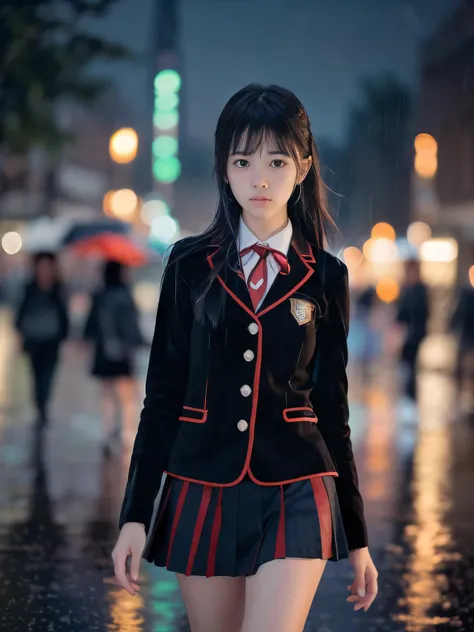 (Super close up face shot of one slender small breasts two side up black medium hair bangs girl in long sleeves black school uniform:1.5)、(One girl is walking with crying face on the main street in the rain at midnight:1.5)、(At skyscraper city landscape in...