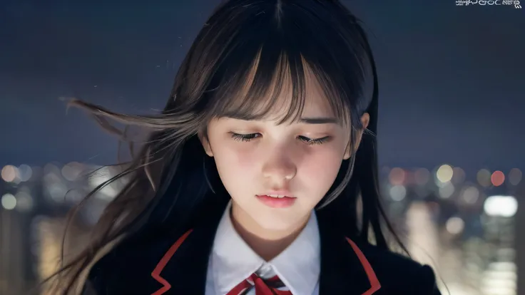 (Close up face shot of one slender small breasts two side up black medium hair bangs girl in long sleeves black school uniform:1.5)、(One girl is face down and with crying face from the rooftop of the building and her hair is blowing by the winds at midnigh...