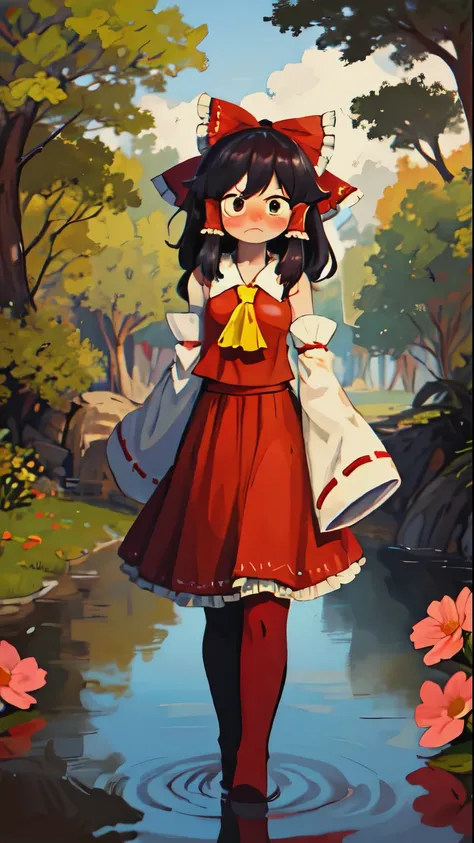 hakurei reimu, detached sleeves, hair bow, blush, looking down, shy, bashful, standing, crossed ankles, looking afar, adult, medium breasts, (outdoors, nature, flowers:1.1), thighhighs