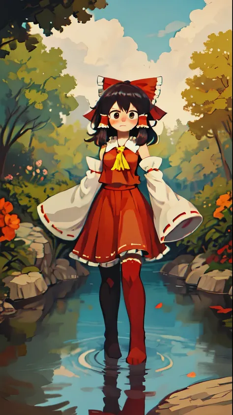 hakurei reimu, detached sleeves, hair bow, blush, looking down, shy, bashful, standing, crossed ankles, looking afar, adult, medium breasts, (outdoors, nature, flowers:1.1), thighhighs