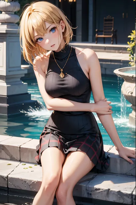 best quality, super fine, 16k, incredibly absurdres, extremely, cute European Caucasian woman, 24 years old, captivating look, aroused expression, blonde long bob cut, wearing Burberry checked skirt, black tank top sweater with braided pattern, superlative...