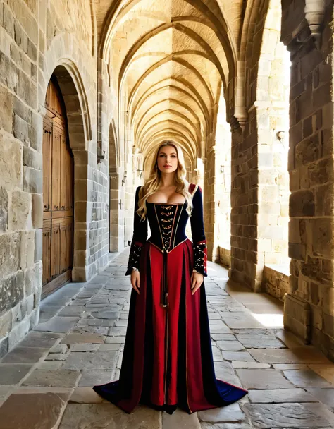 A blonde woman in medieval attire, standing in a grand castle with tall, stone walls and tapestries.