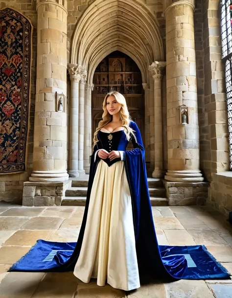 A blonde woman in medieval attire, standing in a grand castle with tall, stone walls and tapestries.