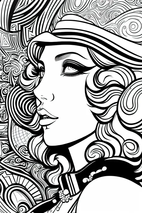 clean black and white only, coloring page for adults, simple cartoon like, beautiful cyberpunk woman, with hat, with beautiful e...