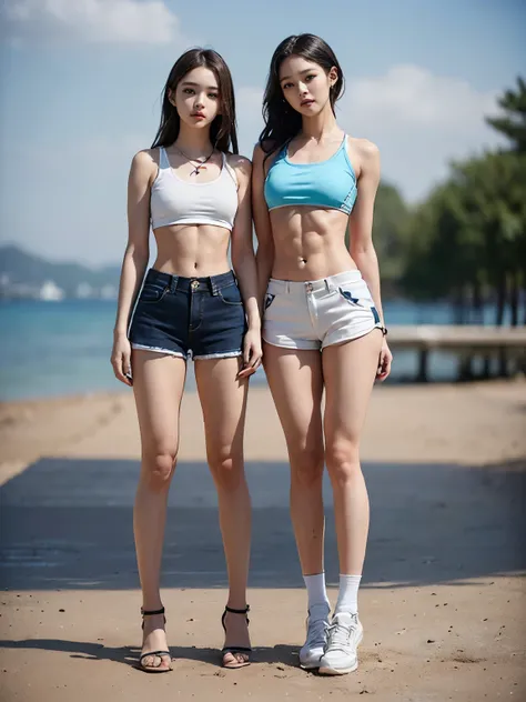 (8K、Raw photo、最high quality、masterpiece:1.5),(((((((Both of them stand with their legs apart:1.9))))))),(((((Both of them have an inseam that is more than half their height.:1.8))))),((Both have bare legs:1.6)),((Both of them are super slim:1.4))，(((((Two ...