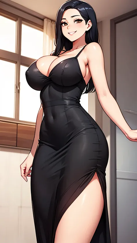 8K, high quality, animation, married woman, fair complexion, beautiful woman, small face, neat, bright, emphasis on eyes, sexy, super big tits, beautiful line drawing. Black hair, white skin, brown eyes, smiling, breast up, ((big tits)), black dress,