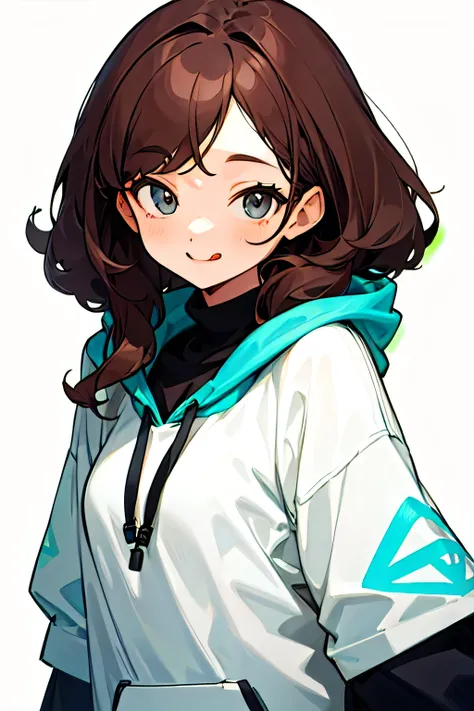 Woman in her 20s、Brown Hair、The upper body is a hoodie、Her hair is shoulder-length and curly.、Cheeky Smile、Sticking out tongue、No background、Background white