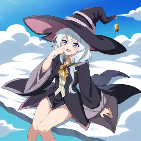 masterpiece,1girl,solo,elaina,(blue_style_costume, majo_costume, witch_hat, brooch:1.6),small_breasts,falling_feathers,aurora,op...