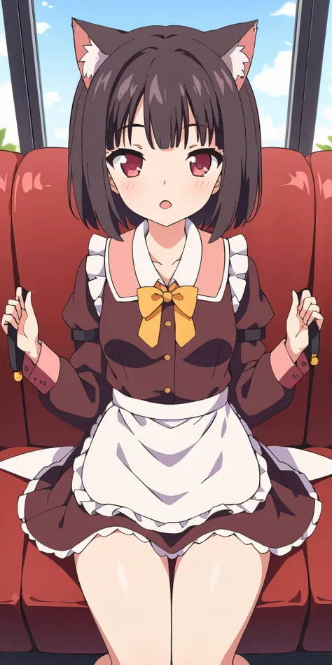 1 girl, Alone, Brown hair, animal ears, cola, cat ears, cat cola, bow, old, two sides up, long sleeves, maid headvestido, Bell, jingle Bell, food, short hair, short dress mini skirt, small old, puffy sleeves, bowtie, cat girl, steering wheels, juliet sleev...