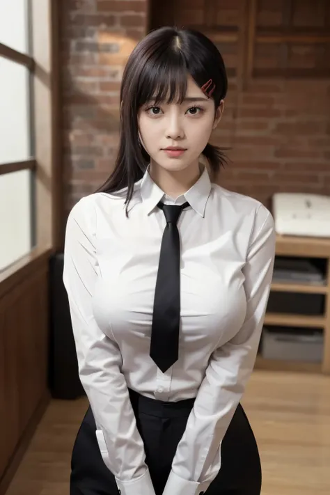 Highest quality、Ultra-high resolution、Professional Lighting、Detailed Background、workroom、whole body,Kobeni-chan、A sloppy smile、25-year-old woman、beautiful girl、(Kobeni-chan、Jet Black Hair, Black Hair, bangs, One-sided hair,)、(Red Hair Clip:1.1)、(White shir...