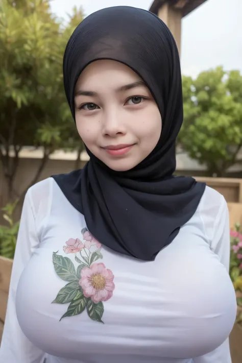 Singlet adorable, 1 girl, (face to face), 10 years old, baby face, happy, half body portrait, (face details: 1), (eye details: 1), ((huge breasts)). wearing transparent transparency soft long shirt, hijab .. Cute posed. proportional body. Ultra High Res. r...