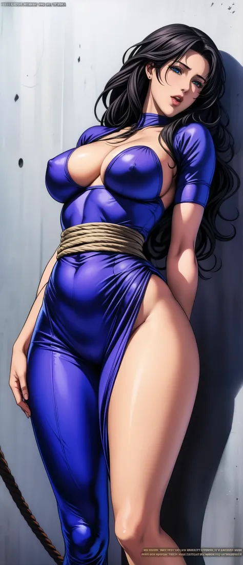 girl，alone，Gray background，Artistic lighting，Beautiful Asian Goddess，Long black hair，Long Hair,Wavy Hair,eyelash, blue eyes, lipstick, Purple bodysuit, Strapless, No sleeve, Green sash,(Shiny costumes),((Rope Bondage:1.2),Wearing a belt around his waist),(...