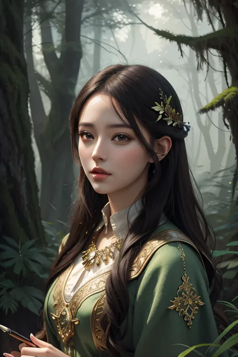 porrtrait of  a woman in an ancient mystical forest with digital painting in a fantasy landscape style
 masterpiece, best quality, intricate detail,