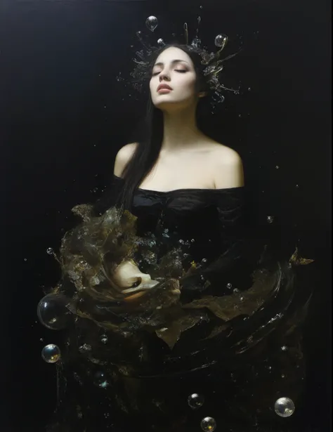 James Gurney, Surrealist art , dream-like, mysterious, Provocative, symbolic, Complex, detailed,, (Gothic but very beautiful:1.4), (masterpiece, Highest quality:1.4) , Nicola Samori Style, seabed、Water bubbleermaid