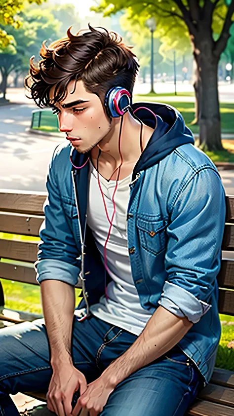 A sad handsome boy sitting on a Bench alone in Park wearing headphones 