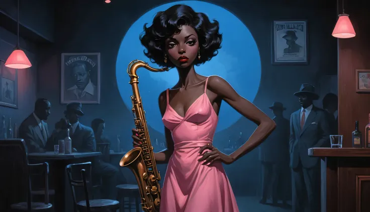 robert johnson, gritty, alabama bar, blue note, charismatic , pink dress, illustration, noir fantasy, lone black lady, sad ending, saxophonist