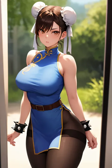 perfect eyes:1.2, detailed eyes:1.4, Chun Li, red eyeshadow:1.2, make up:1.2, white belt, qipao, nature, tree, brown eyes, short hair, brown hair, double bun, bun cover, blue dr.Ess, pelvic curtain, spiked bracelet, girdle, brown pantyhose, cowboy shot, 1 ...