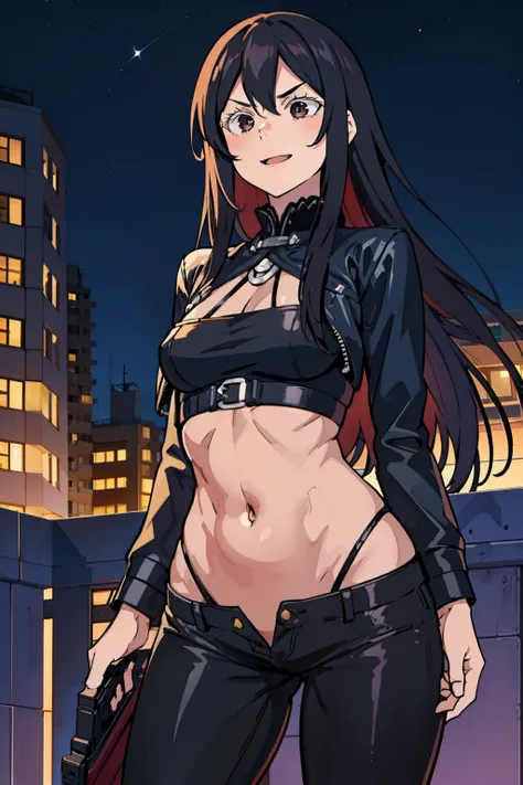  echidna, brown eyes, medium breasts, (colored eyelashes:1.1), evil smile, blush, lipstick, outdoors, rooftop, cityscape, building, railing, night, night sky, scenery, city lights, masterpiece, best quality, highly detailed, a girls with a gun, evil smile ...