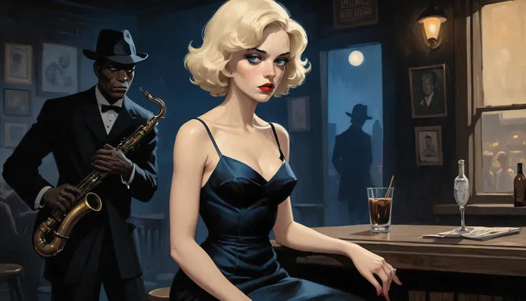 robert johnson, gritty, alabama bar, blue note, charismatic, black dress, illustration, noir fantasy, lone blonde lady, sad ending, saxophonist