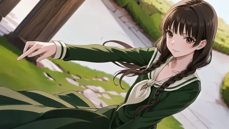 masterpiece, Highest quality, High resolution, aayoshino, , thin, Long Hair, Twin Blade, Brown eyes, Hair that falls over the shoulders, , Sailor collar, neckerchief, Green Shirt, One piece sailor shirt, Long sleeve, Green Skirt, Long skirt, Are standing, ...