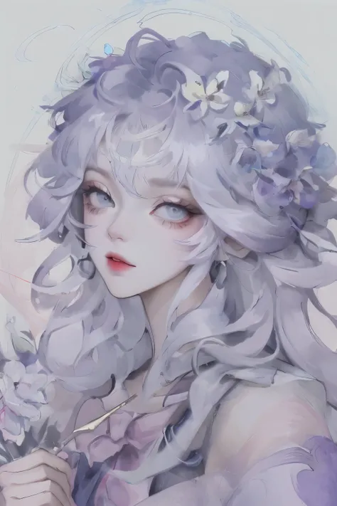 Sketch drawn with watercolor,A highly detailed head portrait showing her with flowers in her hair, Extremely detailed eyes, beautiful eyes, Image perfectly centered, White space around the drawing, Focus on facial lines, Drip watercolor, Ink Outline, The A...