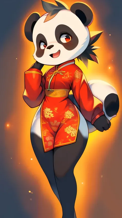 Full body portrait，best quality, Ultra-detailed illustrations, Warm colors, Ideal lighting, Perfect details, ( Boy furry panda:1.4) , Female face and body, Thick and unkempt hair, Chinese traditional clothing, Shy laugh, Sissy, Small waist, Wide hips, Slim...