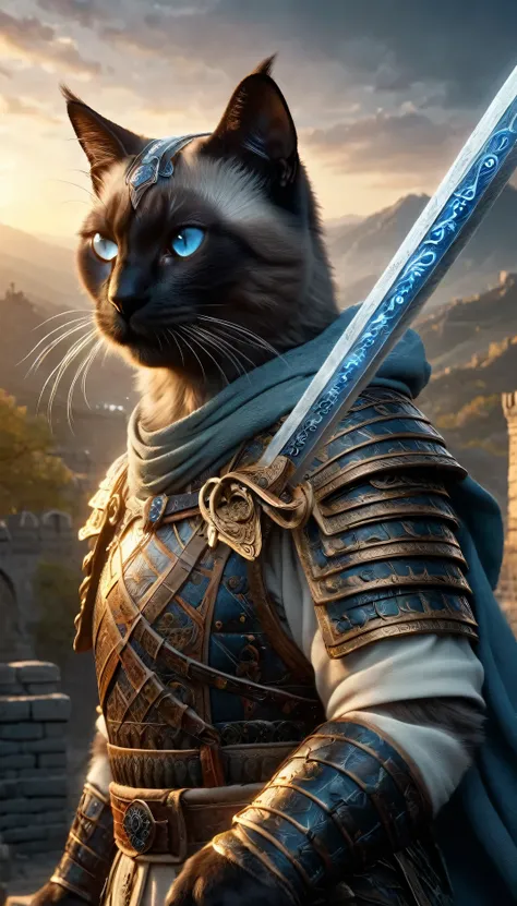official art, unified 8k wallpaper, super detailed, Beautiful and beautiful, masterpiece, best quality, to movies《lord of the ring》style of,Real-life scenarios,Epic war scenes,(a Siamese Cat warrior:1.4),(full body:1.2), Put on exquisite armor,holding a lo...