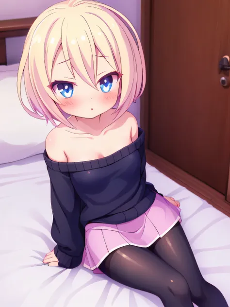 lolicon ,short blonde hair , coquette,blue eyes ,thin legs ,short black sweater ,bedroom,door, bare shoulders ,marked collarbone...