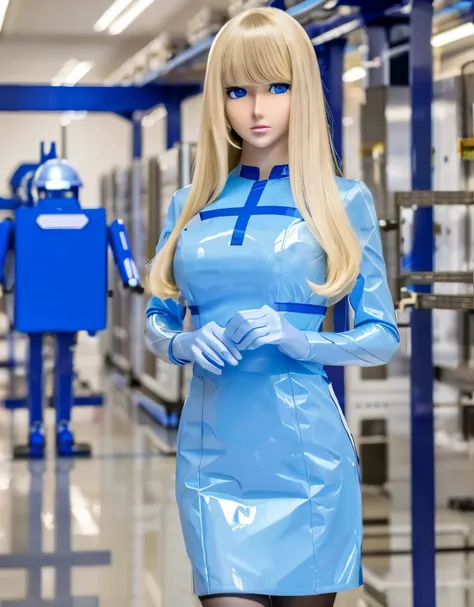 mass-produced android housewife assembly line, plastic skin, blonde hair, blue eyes, blue dress, empty eyes, blank stare, large ...