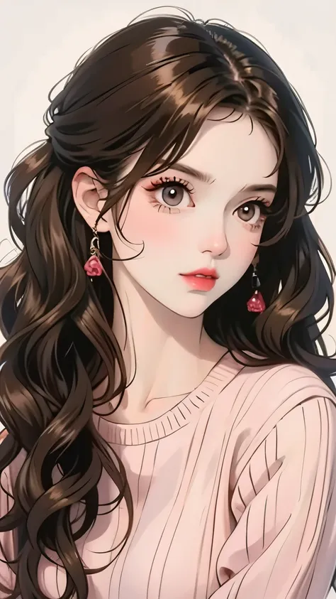 Girl, long brown hair, brown eyes, sharp features, white skin, pink lips, curly hair, perfect, sweater