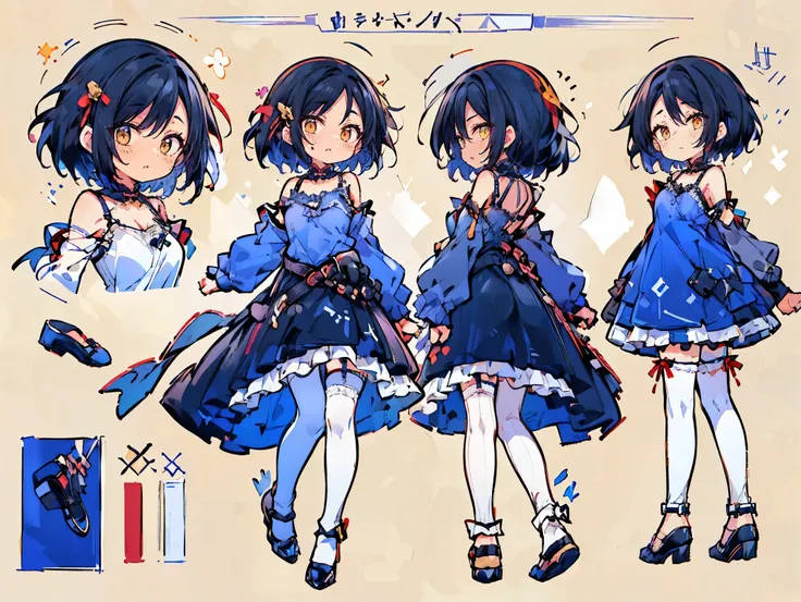 (((three-sided view, front view, side view, back view, multiple views, multiple poses and expressions, many parts)), concept art, character concept art, character sheet, Full body, illustration, (simple background, gray background), 1 character, 1girl, fan...