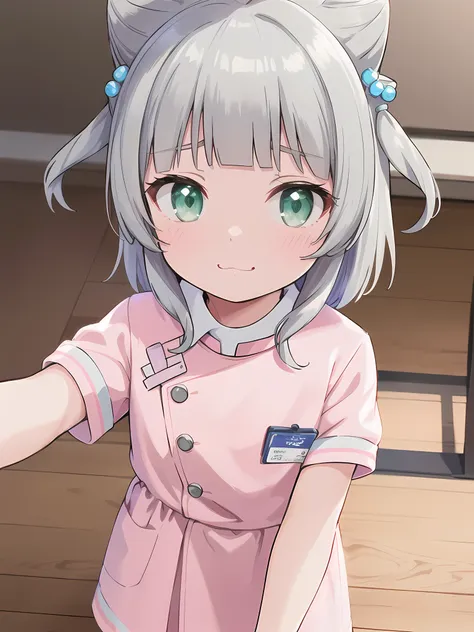 indoor,hospital,hospitalのベッド,looking down from above,face focus, green eyes, grey hair, hair ornaments, bangs, virtual youtuber,...