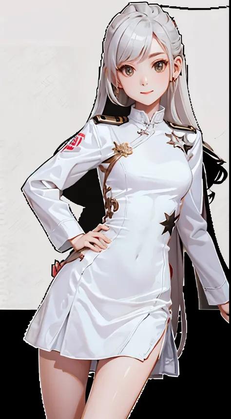 realistic, high resolution, soft light, 1 female, alone, hips up, long white hair, captain uniform, jacket, shirt, skirt