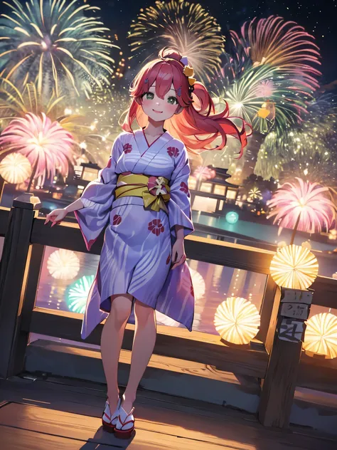 (masterpiece, Highest quality, Super detailed),One girl,((super fine illustration)),((cute eyes,highly detailed skin)),((smile)),((well endowed,Blessed,Captivating body、Detailed Background))、(yukata:1.5),firework,(大量のfirework,Night view,Ocean)、Festivals, (...