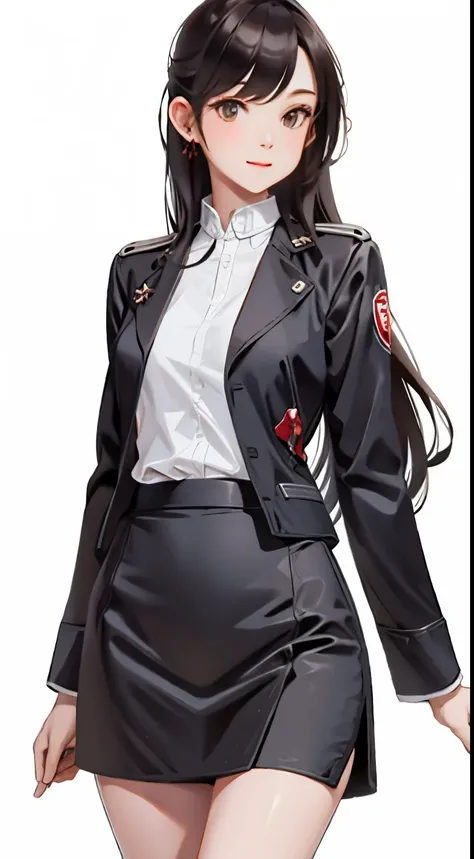 Realistic, High resolution, soft light, 1 female, alone, Hips up, long black hair, captain uniform, Jacket, shirt, skirt
