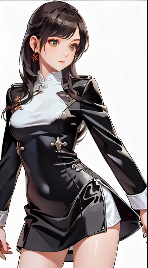 realistic, high resolution, soft light, 1 female, alone, hips up, long black hair, captain uniform, jacket, shirt, skirt