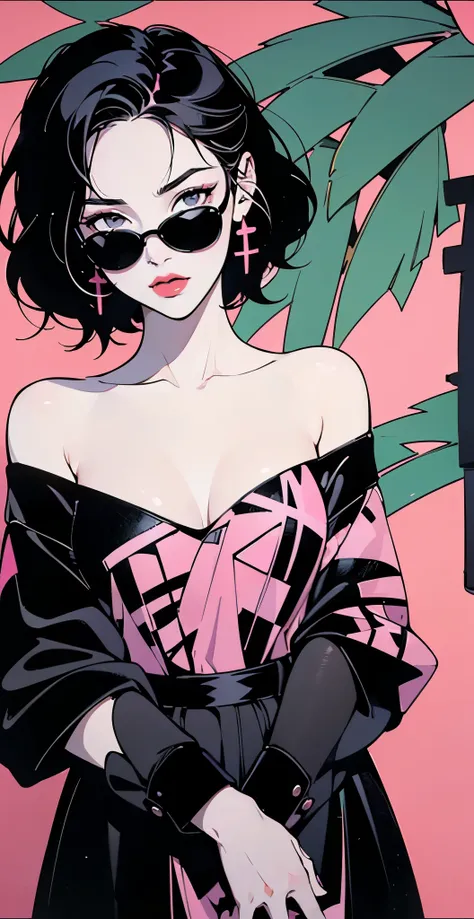 ((lisa black pink)) in a dress standing in front of simple background, up close, ((art style by patrick nagel)), ((8k, wallpaper...